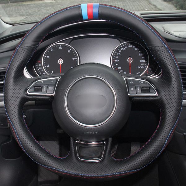 

black leather black suede blue red marker steering wheel cover for audi a3 a5 a7