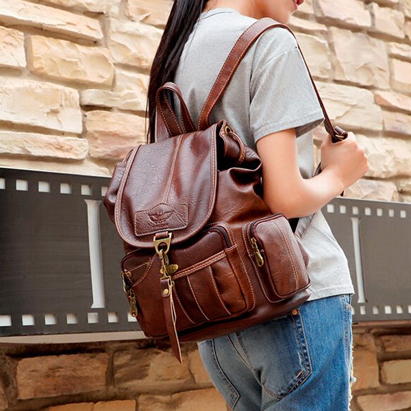 

brand designer brown woman backpack fashion pu leather backpack bags men vintage ladies brown daypack girl black daily rucksack