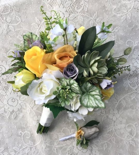 

wedding bouquet - bridal bouquet,wedding accessory,greenery bouquet,grey & yellow bouquet,silk bouquet