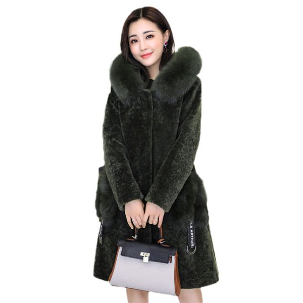 

winter imitation fur coat women medium long sheep sheared jacket 2018 new imitation fur collar hooded women outerwear dt0464, Black