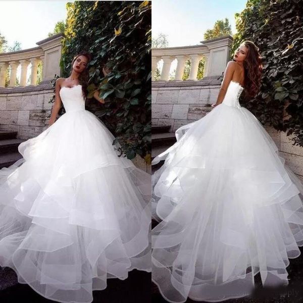 

2020 strapless vestido de novia white wedding dresses ruched tulle sweep train corset back simple elegant custom made bridal gowns