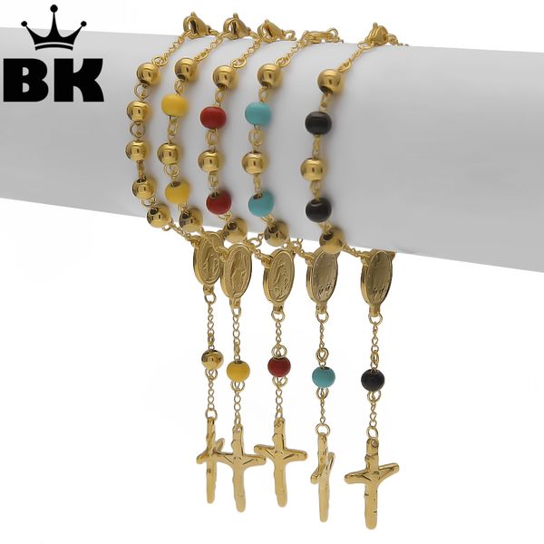 

the bling king bead rosary bracelet christian jewelry cross st benedict medal our lady goddess jewelry, Golden;silver