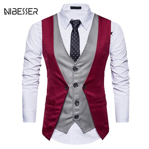 

nibesser brand fashion fake two piece vest men single breasted men dress suit vests male formal slim business wedding waistcoat, Black;white