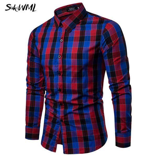 

sukiwml plaid male shirts 2018 new brand men dress shirts long sleeves casual autumn cotton shirt men camisa social size s-2xl, White;black