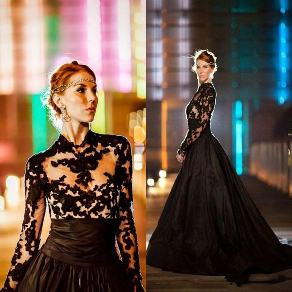 

vintage gothic style black wedding dresses 2018 long sleeves high neck lace tulle taffeta a line sweep train bridal gowns robe de marrie, White