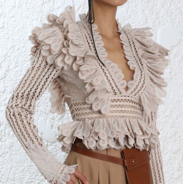 

qlzw] 2018 autumn new arrival fashion ruffles long sleeve short print v-neck casual hollow fold women y-shirt lady kb549, White