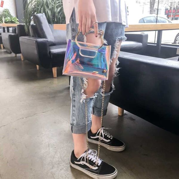 

2018 transparent hologram shoulder bags laser outdoor handbags mini chain clear clutch bag cat metal handle design bling messenger bag