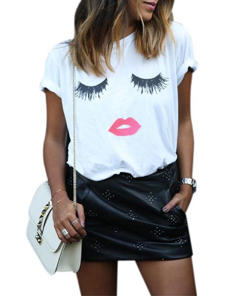 

missky women white black color t-shirt fashion creative eyelashes red lip printing shirt casual