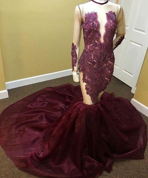 

real p 2019 luxury burgundy long sleeves prom dresses sheer see through beaded crystals o neck court train long mermaid evening dress, Black