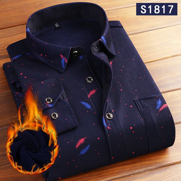 

mens hipster feather print slim fit long sleeve shirt 2018 winter new plus velvet warm shirt men casual button down dress shirts, White;black