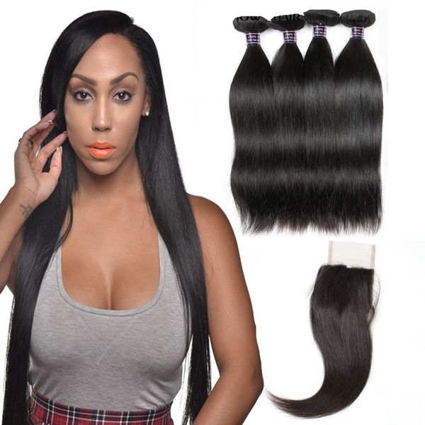 Ishow cabelo brasileiro tecida 10a pacotes de cabelo humano com fechamento extensões de cabelo peruano reto 4bundos wews para mulheres meninas todas as idades cor natural 8-28inch