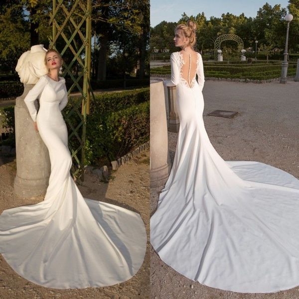 

скромный дизайн свадебное платье с длинным рукавом русалка иллюзия прозрачной задней аппликации аппликации кружева атлас 2019 зимние свадебн, White