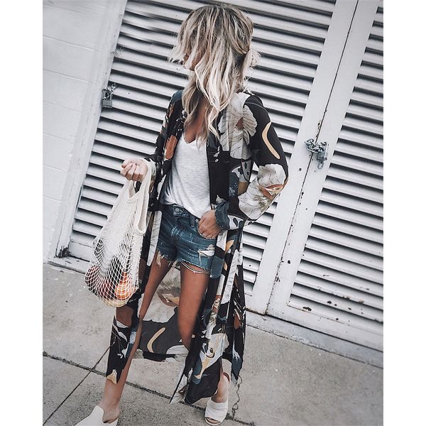 

summer chiffon kimono cardigan women floral printed long sleeve blouse long beach cover up boho ladies loose shirt blusas, White