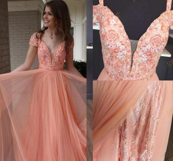 Vestidos de baile de comprimento elegante com correias e apliques de renda Pêssego tule Rendas A Linha Guest Dress Até o chão vestidos de noite