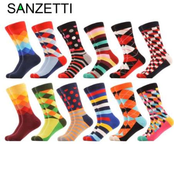 Sanzetti 12 pares / lote homens engraçado engraçado colorido algodão meias vermelhas argyle dúzia pacote casual feliz meias vestido meias de casamento