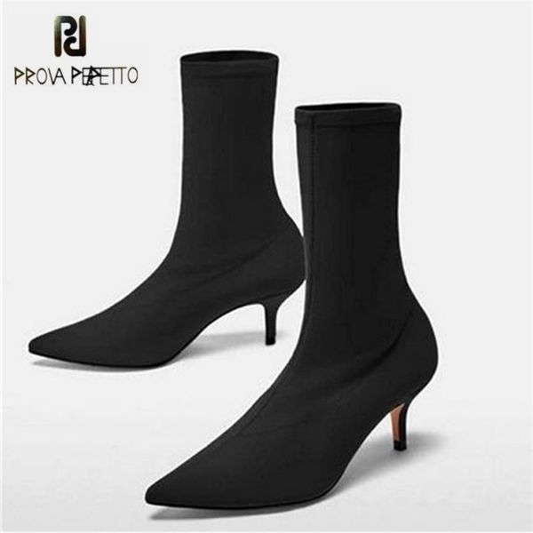 

prova perfetto black women ankle boots pointed toe stretch fabric sock boots 7cm high heels women pumps botas mujer stiletto