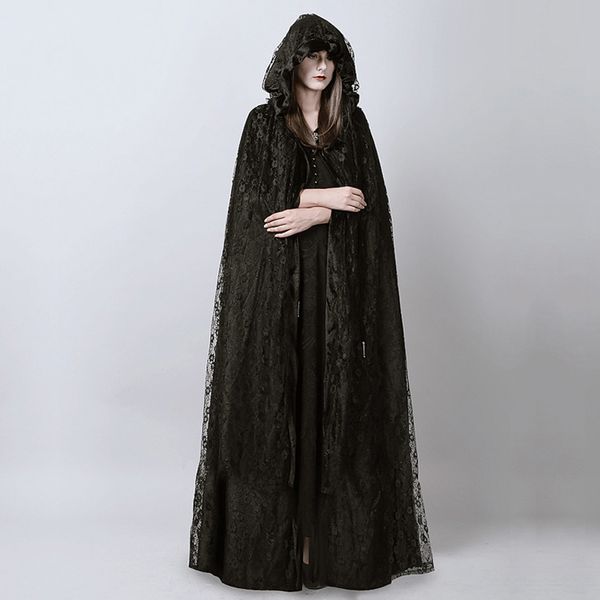 All'ingrosso- Steampunk Gothic Black Long Lace Mantello con cappuccio Mantello per le donne Dark Halloween Wizard Costume Full Length Witch Trench