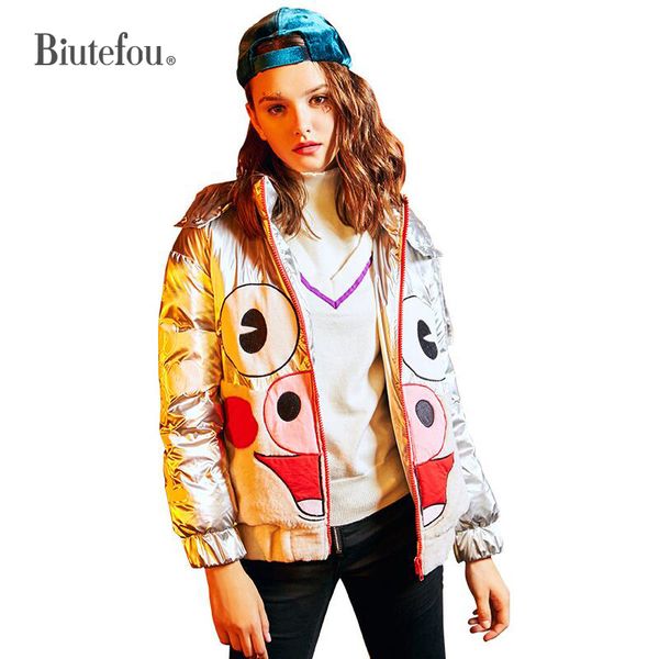 

2018 winter spliced metal silver cartoon print down coats women hat detachable short light down coats, Black