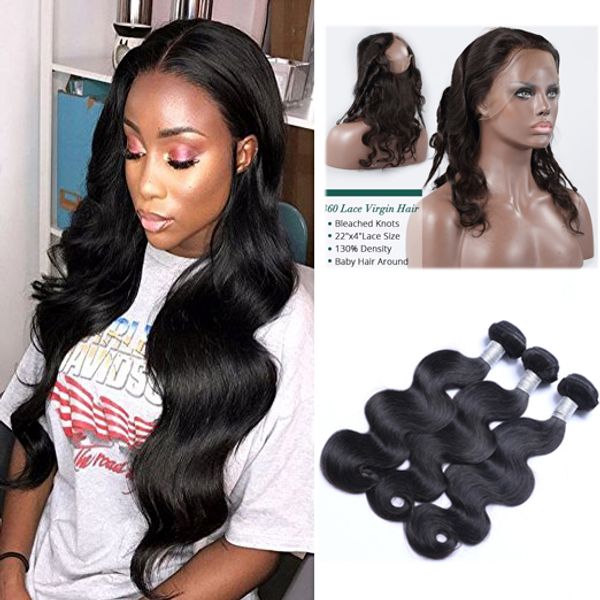 

4pcs/lot pre plucked brazilian body wave hair weaves with 360 lace band frontal virgin human hair with bady hair, Black;brown