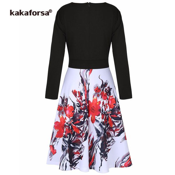 

kakaforsa new elegant women plus size floral dress casual ruched draped a-line dresses ladies long sleeve print vestido 4xl, Black;gray
