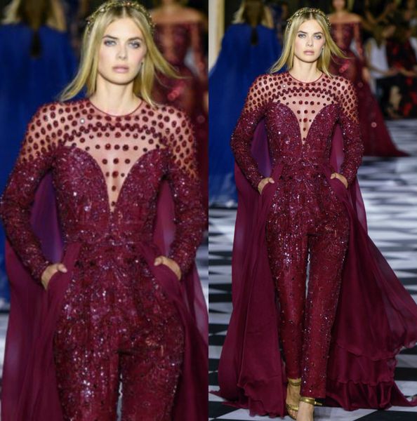 Abiti da sera di lusso bordeaux Zuhair Murad Abiti da sera con scollo gioiello a maniche lunghe Abiti da festa personalizzati con tuta da tappeto rosso con tasca