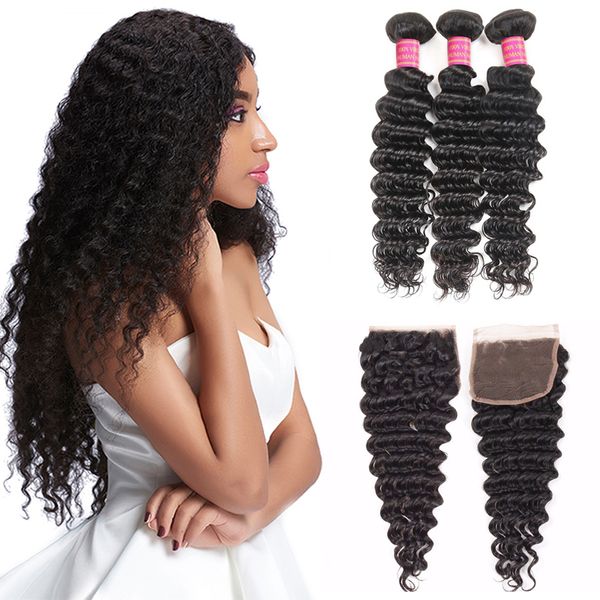 

Malay ian deep wave with clo ure hair bundle with 4x4 lace clo ure 8a unproce ed human hair weave 3 bundle deep wave hair with clo ure