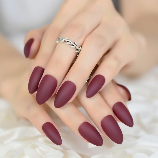 

colour matte press-on nails maroon red almond fake nail tips artificial fingernails easy use, Red;gold