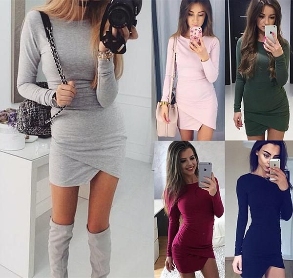 

simple fashion long sleeve short irregular bodycon dress, Black;gray
