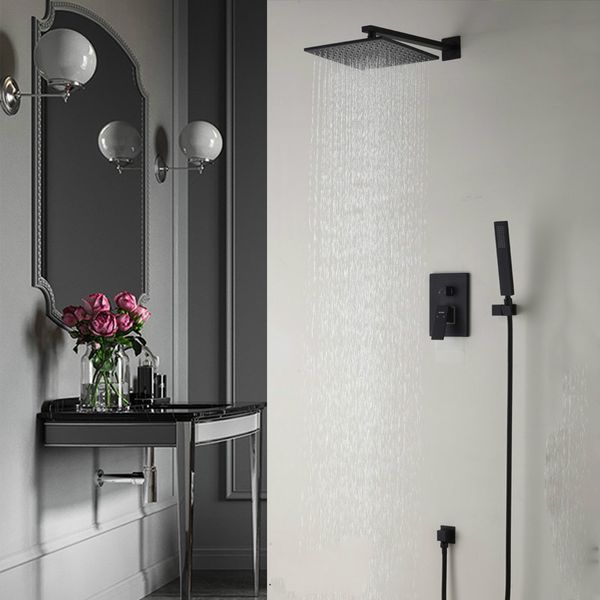 

Brass Black Bathroom Shower Set 8" Rianfall Showe Head&Faucet Wall Mounted Shower Arm Diverter Mixer Handheld