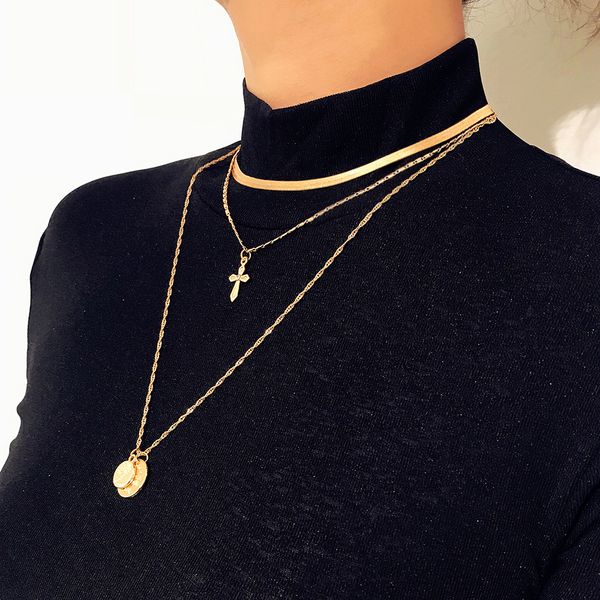 

bohemian cross choker necklace mom tree double chain long necklace pendant gold color medallion women trendy fashion jewelry, Silver