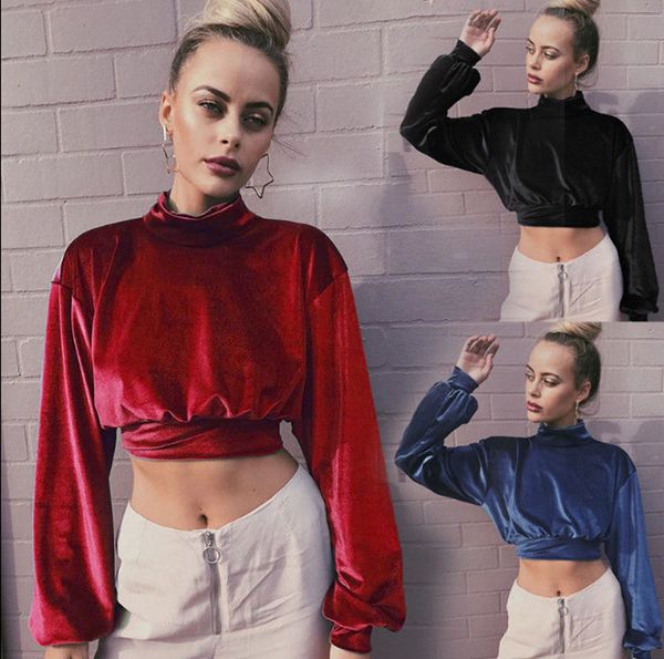 

Women High Collar Velvet Velour Crop Top Long Sleeves Pullover Sweatshirt Blouse Cropped Jumper Shirt