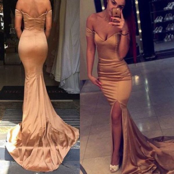 

women's mermaid long v-neck satin side slit bridesmaid dresses chapel train champagne off shoulder evening gowns for wedding party, Red;white