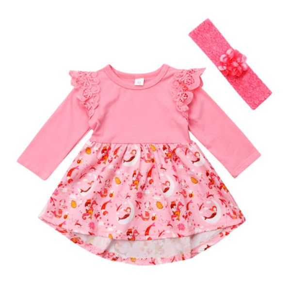 

0-24m newborn infant kid baby girl dress casual cartoon cotton long sleeve ruffle lace dress sundress baby clothes outfits 2pcs, Red;yellow