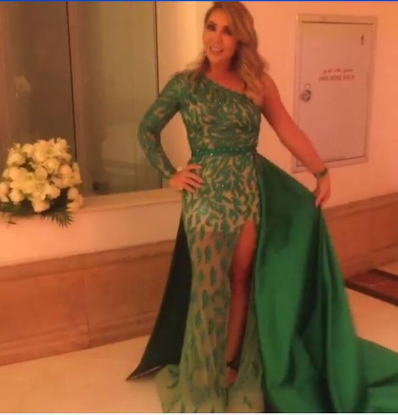 

evening dress yousef aljasmi with trail oneshoulder crystal long dress green almoda gianninaazar zuhair murad kim kardashianziadnakad, Black;pink