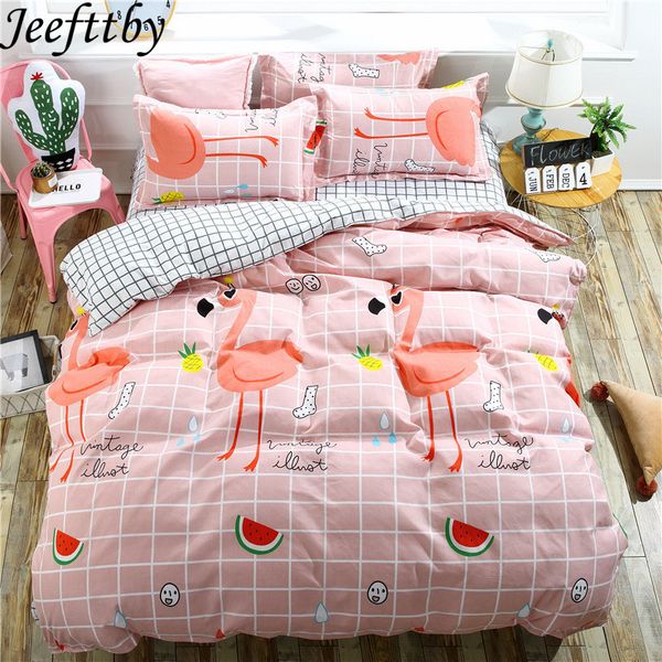 

jeefttby home textile pink flamingo cartoon 3/4pcs bedding sets duvet cover pillowcase sheet linen twin full  king size