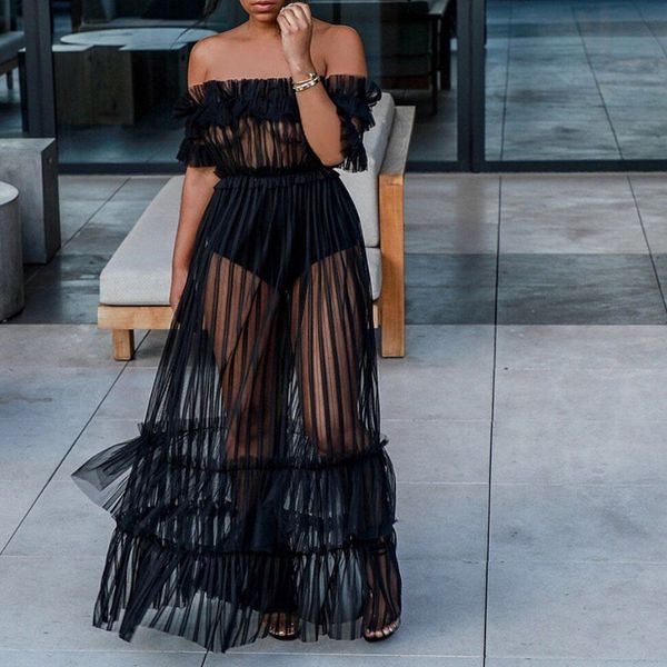 

nightclub long skirt word shoulder mesh gauze dress 2018 europe and the new lace perspective skirt, Black;gray