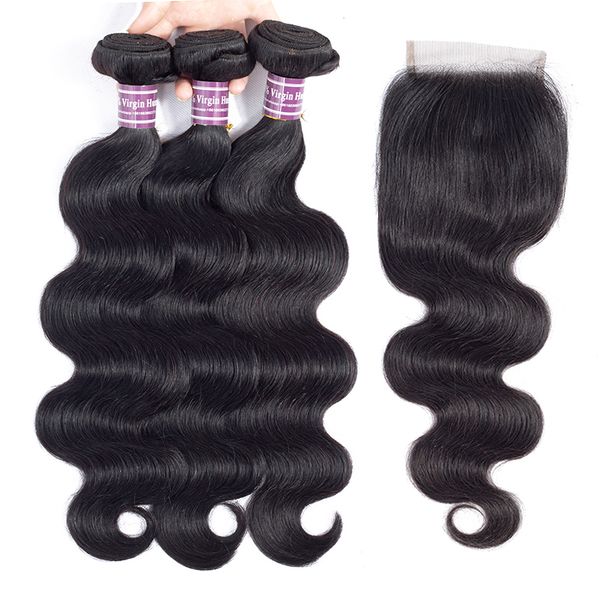 

10a grade brazilian virgin hair bundles with closures body wave human hair wet wavy bundles with closure remy human hair weave wholesale, Black