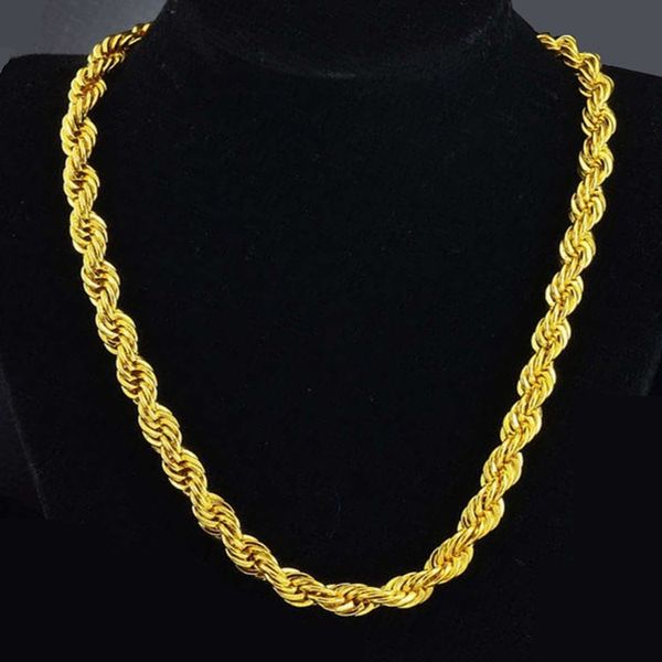 Hip Hop 24 Zoll Herren-Halskette aus massivem Seil, 18 Karat Gelbgold gefüllt, Statement-Knoten-Schmuck, Geschenk, 7 mm breit