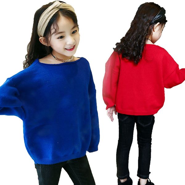 

autumn 2017 korean girls long sleeved solid bat sleeve collar sweater v-neck sweater loose sleeve girls, Blue