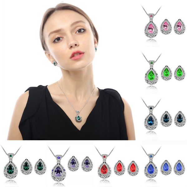 

fashion water drop jewelry set for women crystal diamond queen water drop pendant necklace earrings wedding party jewelry sets gift, Silver