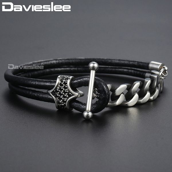 

davieslee mens leather bracelet black zirconia charm gunmetal stainless steel cuban link chain bracelets for men boy 2018 ddlb75