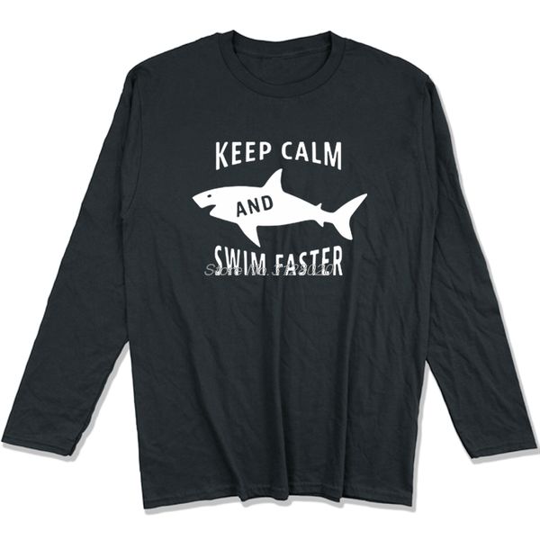 

keep calm and swin faster print cotton t shirt men fashion casual long sleeve o-neck t-shirt hip hop tees streetwear, White;black