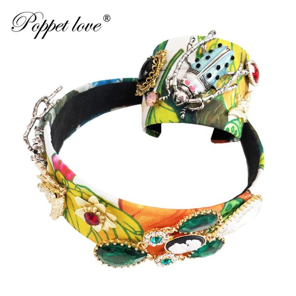 

baroque luxury gold leaves rhinestone bridal crown insect tiaras green crystal diadem bracelet for bride headbands party, Golden;white