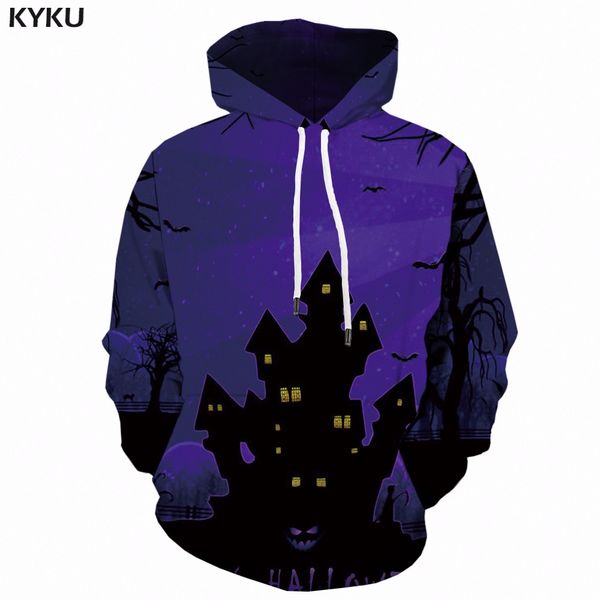 

kyku halloween hoodies men blue castle sweatshirt hooded long crow 3d print hoodie hip hop mens clothing casual streetwear new, Black