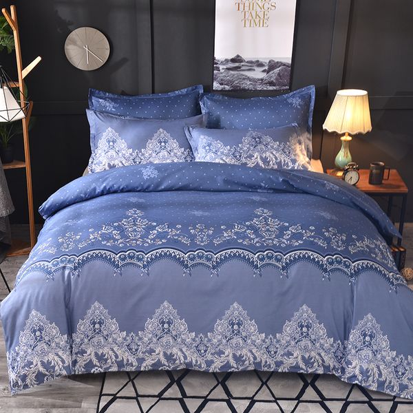 Blue Color Lace Pattern Floral Duvet Cover Bedding Set With