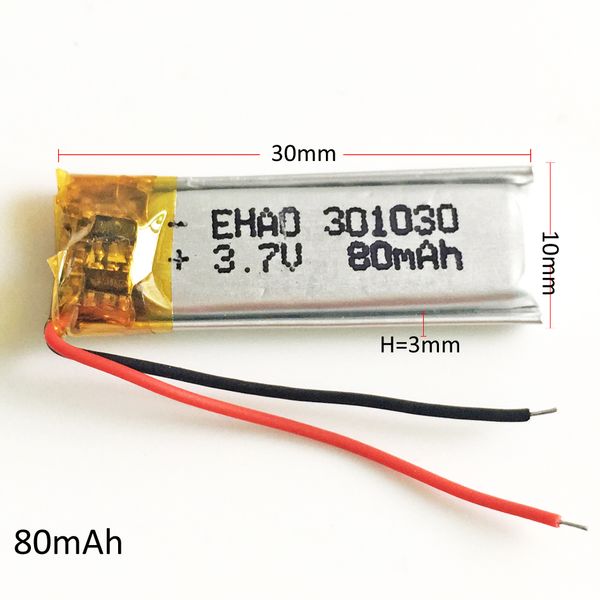 Modelo: 301030 80mAh 3.7V Lithium Polymer LiPo bateria recarregável células de energia para Mp3 Mp4 PAD DVD relógio inteligente fone de ouvido bluetooth fone de ouvido
