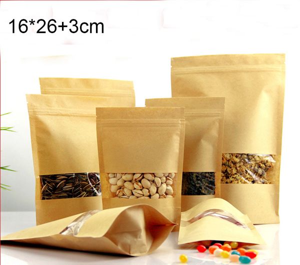 

100 pcs 16x26cm+3 plain stand up kraft paper snack bag / window paper pouches / stand up paper bag with clear window