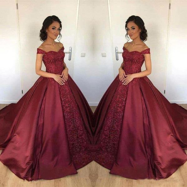 

Burgundy 2018 Ball Gown Quinceanera Dresses New Off Shoulder Satin Lace Applique Long Arabic Sweet 15 For Girls Formal Prom Party Gown