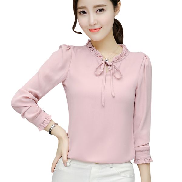 

women elegant stand collar bow lace up ruffle shirt chiffon blouse fashion office lady slim solid long sleeve blouses blusas z4, White