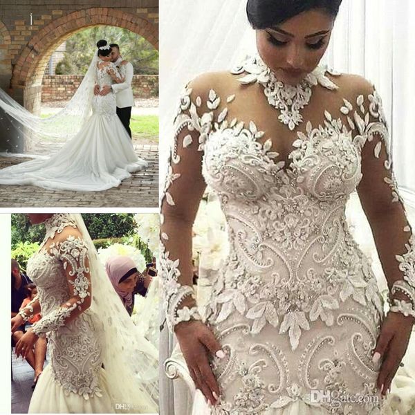 

azzaria haute sheer длинные рукава свадебные платья 2018 иллюзия нигерия высокая шея аппликация из бисера дубай арабский замок русалка сваде, White